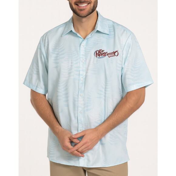 Men's Camp shirt lightweight Dr. Pepper white/light blue tropical leaf print LG - Picture 1 of 6